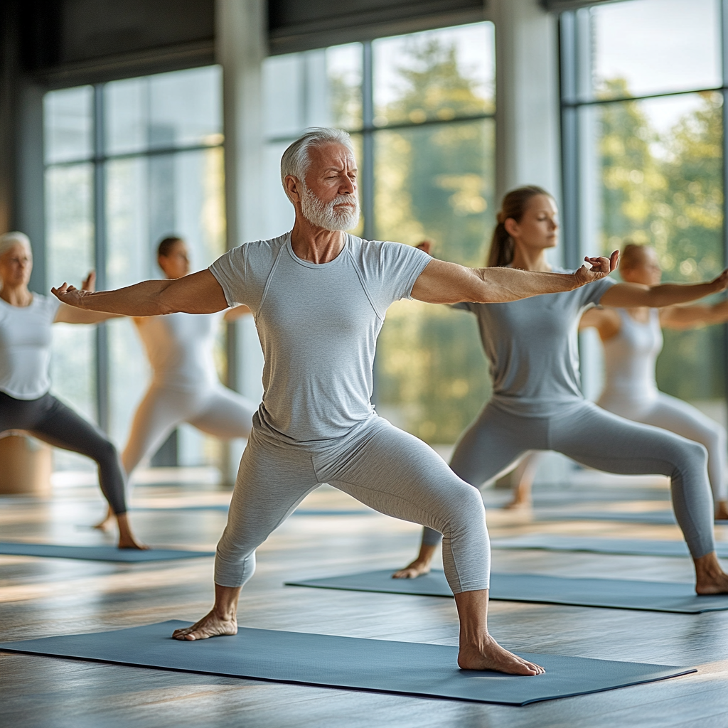 Група от 6-8 човека на възраст 50-60 години в удобни спортни дрехи практикуват йога в светла зала с голями прозорци