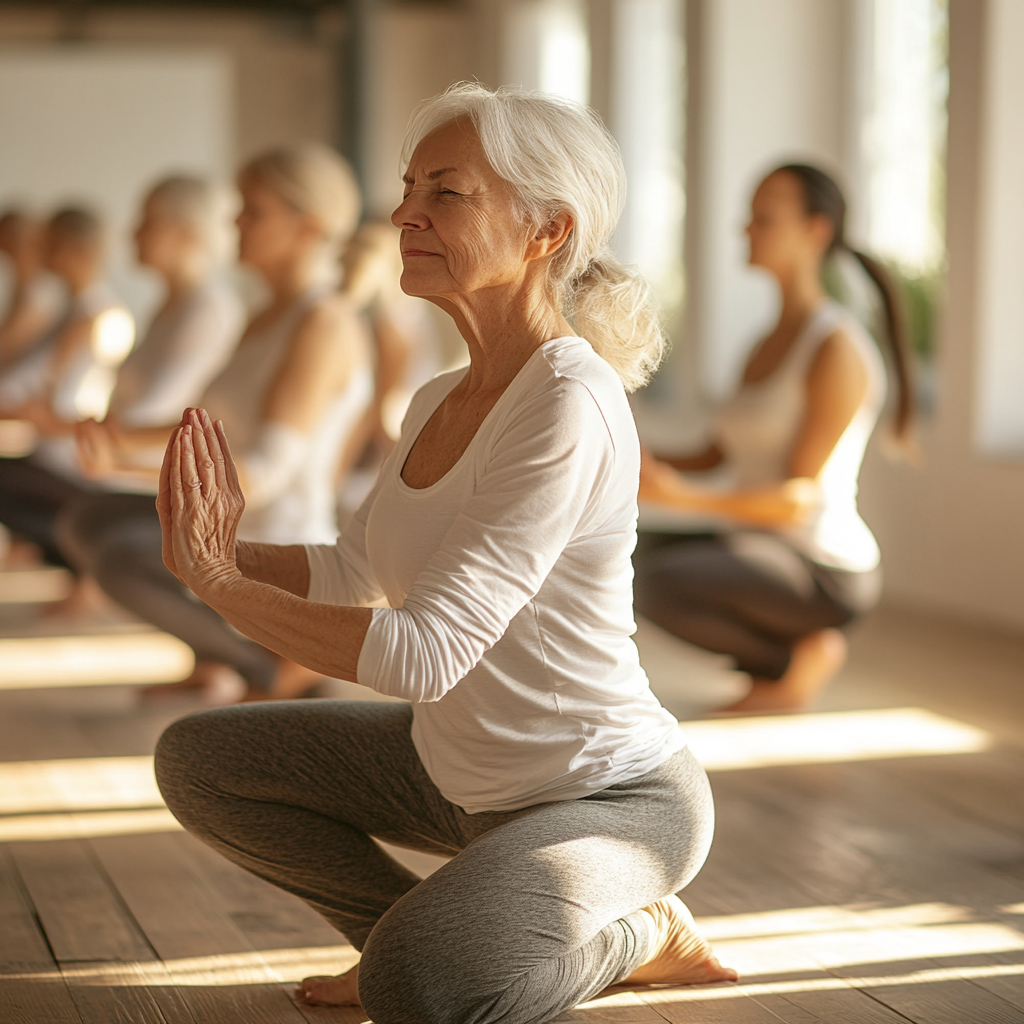 Група възрастни хора между 50-60 години в удобни дрехи практикуват мек хатха йога в светла зала с дървени подове