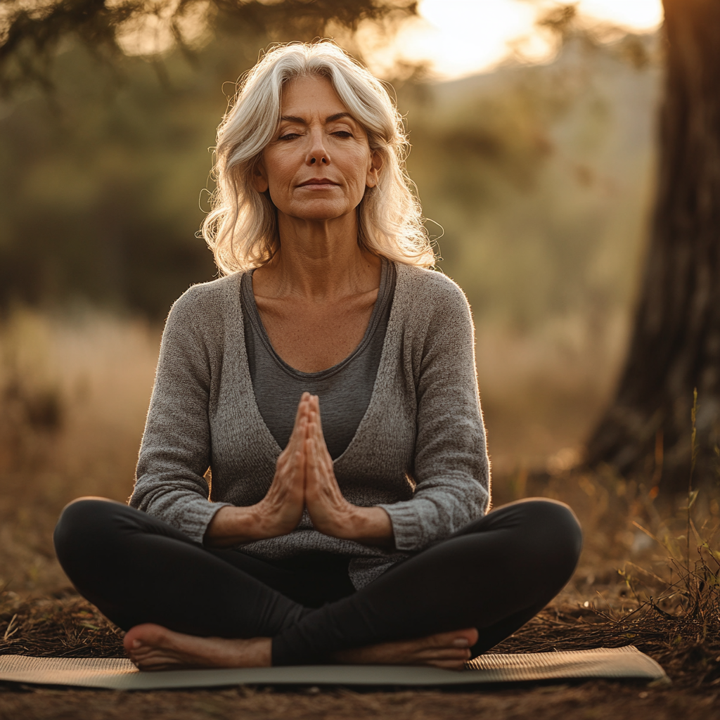 Мъдра жена на 55 години седи в медитативна поза на йога постелка в природна обстановка с мека утринна светлина